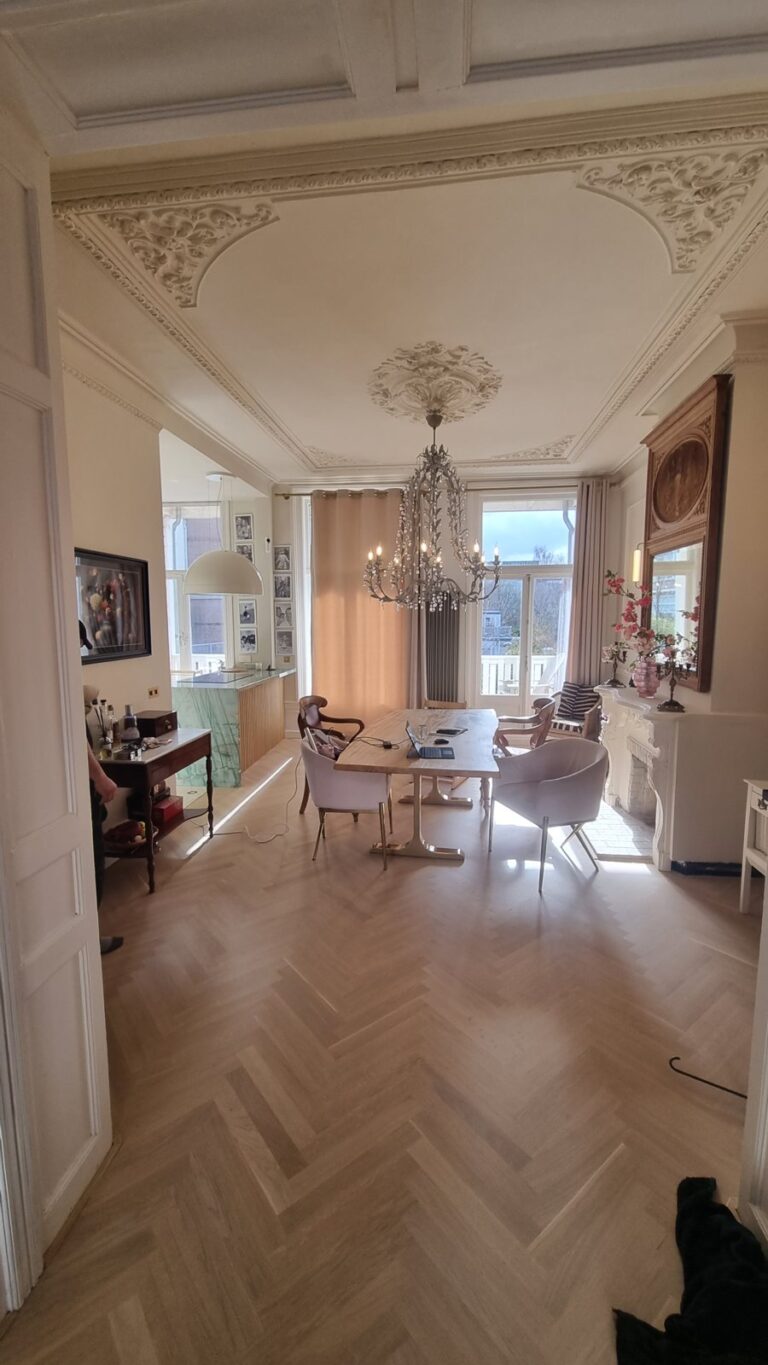 Ruimte samengevoegd na de doorbraak — gerenoveerd interieur met sierplafond in Den Haag